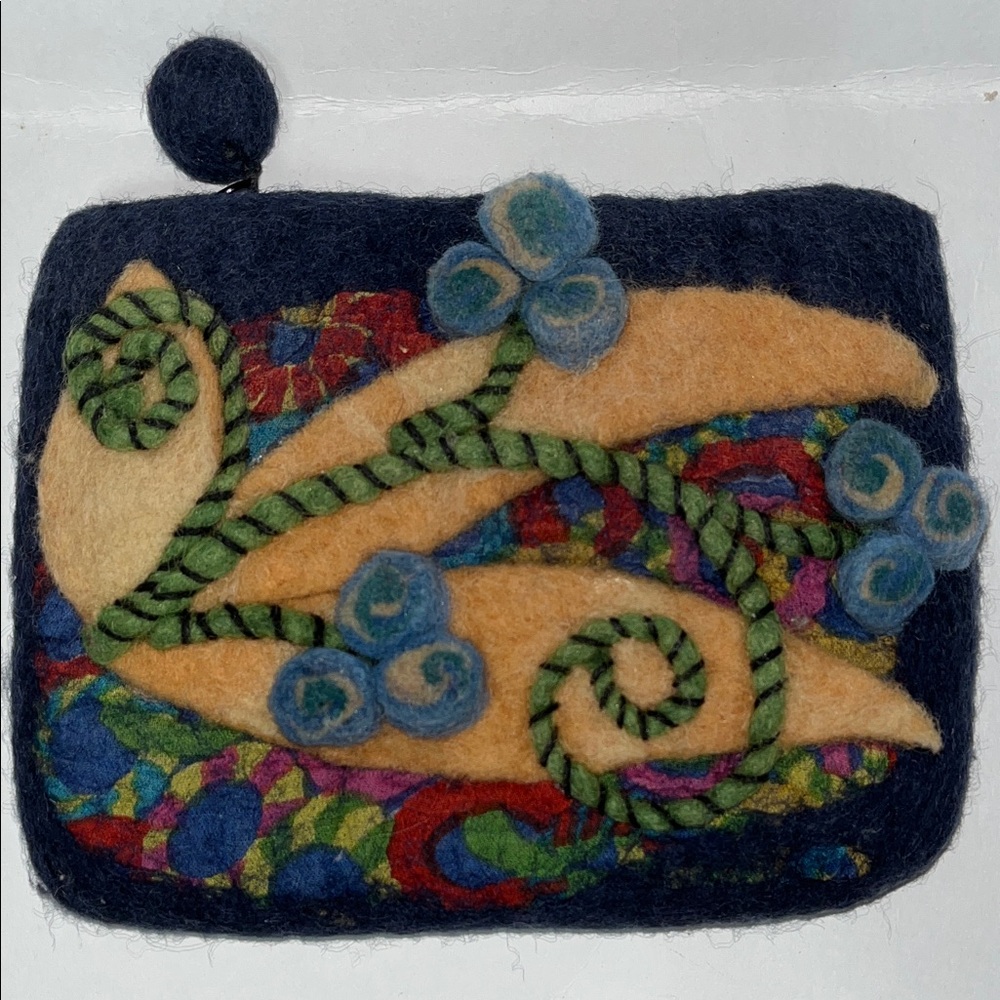 Rising Tide Blue Fabric Pouch Clutch Handmade Wool Felt Nepal